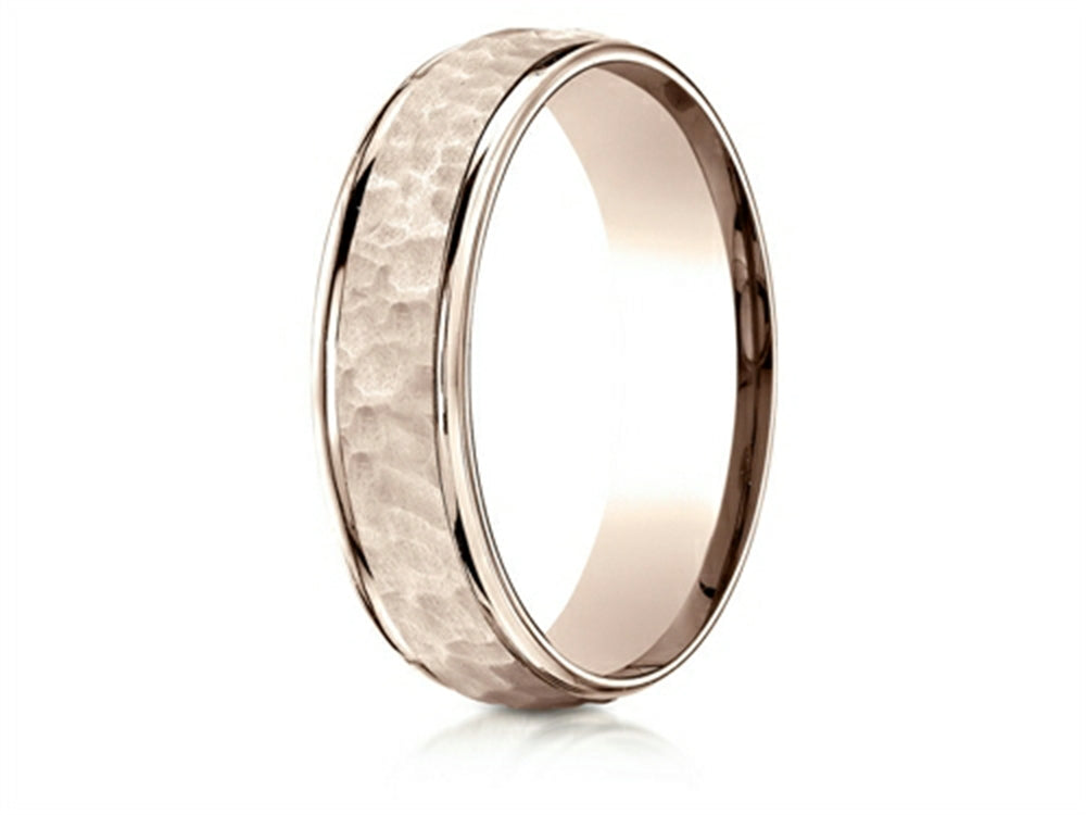 Benchmark 14k Rose Gold Comfort Fit 6mm High Polish Edge Hammered Center Design Wedding Band Ring