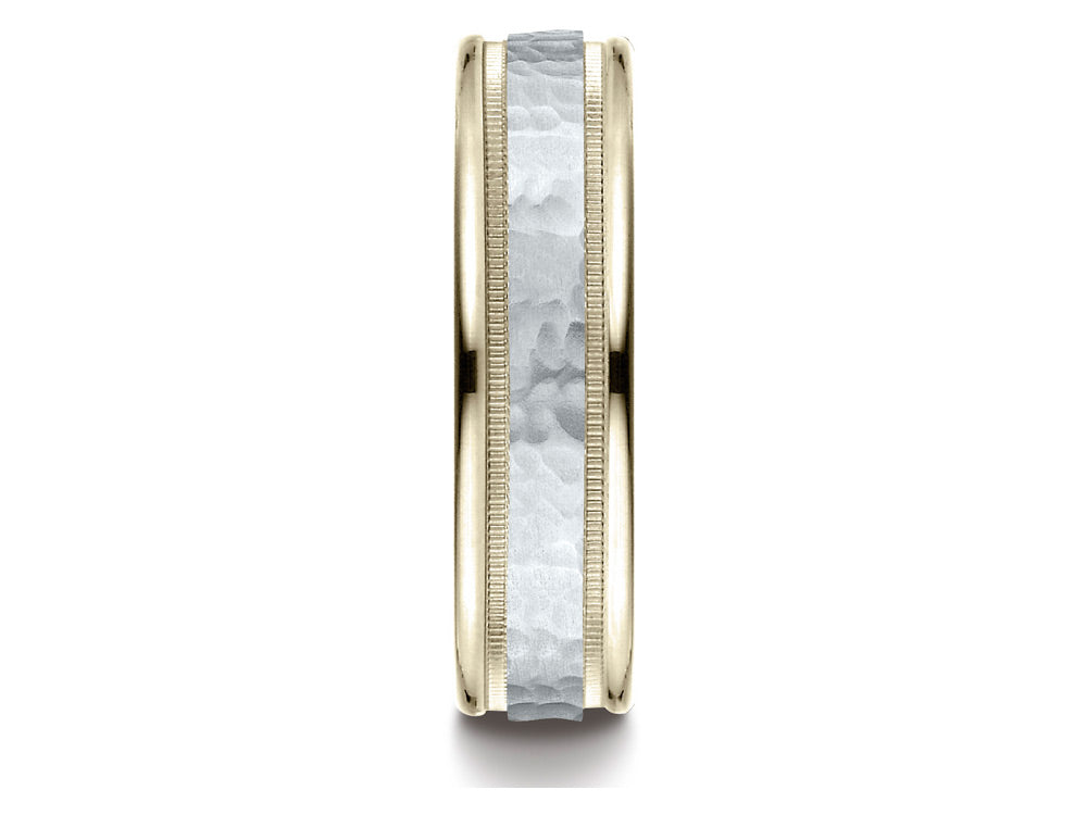 Benchmark 14 kt Two Tone Goldd 6mm Comfort-fit Hammered-finished With Milgrain Carved Design Wedding Band Ring