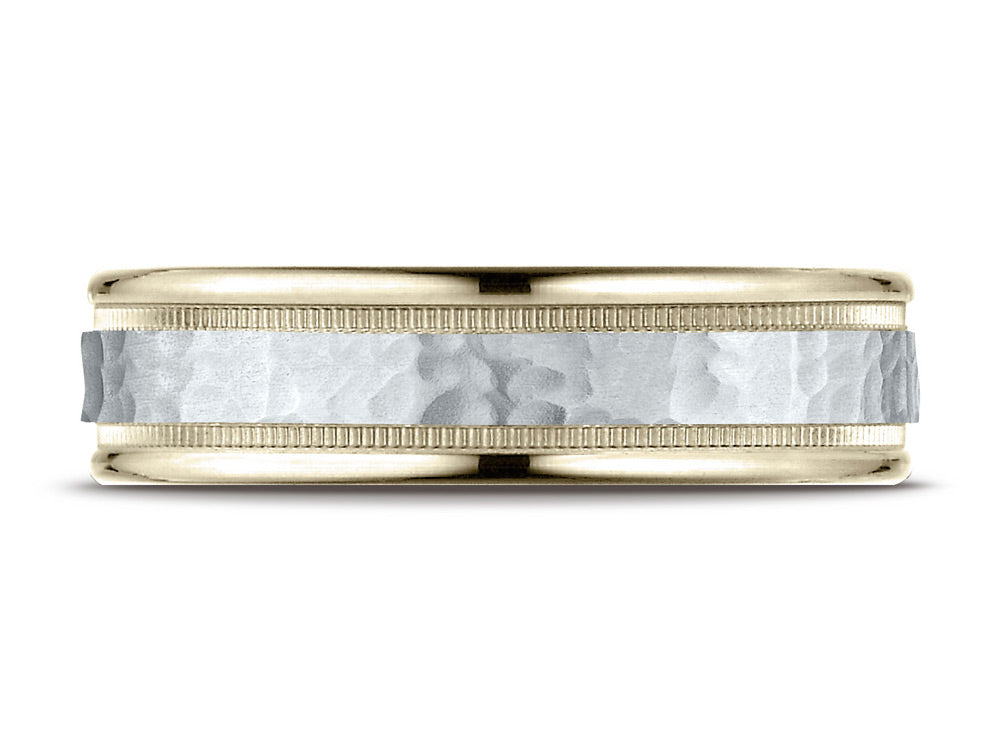 Benchmark 14 kt Two Tone Goldd 6mm Comfort-fit Hammered-finished With Milgrain Carved Design Wedding Band Ring