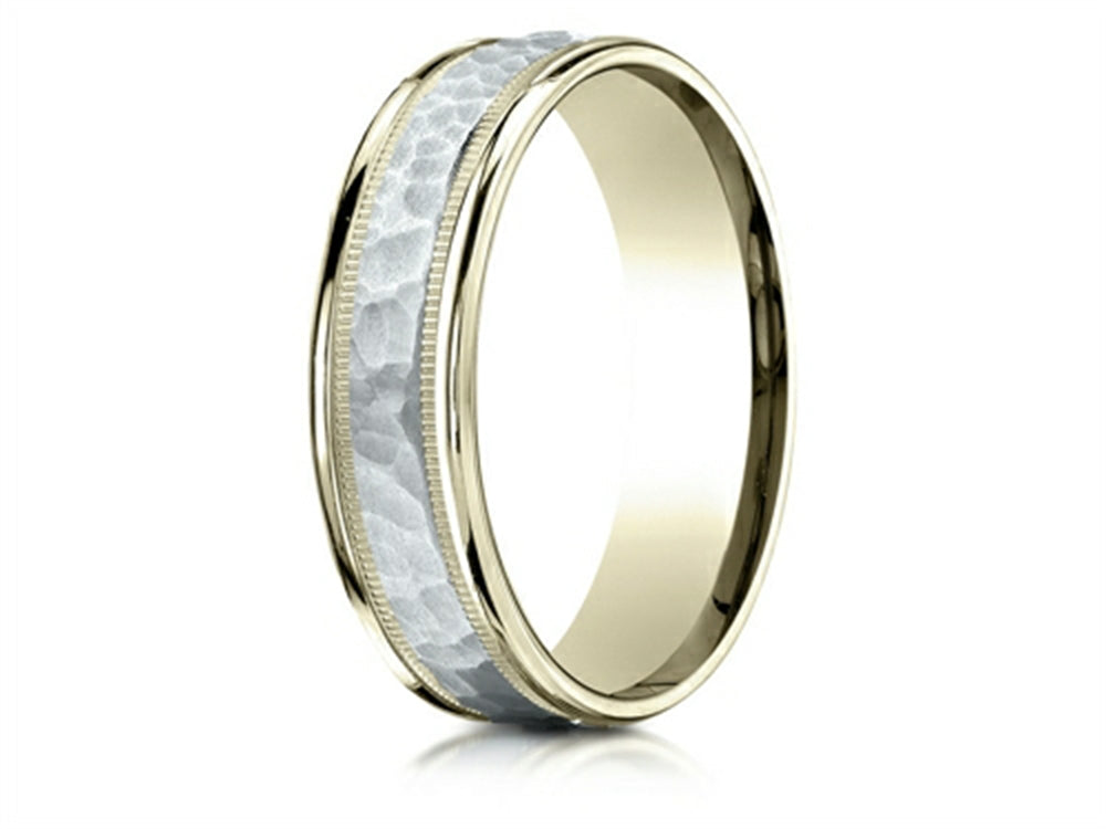 Benchmark 14 kt Two Tone Goldd 6mm Comfort-fit Hammered-finished With Milgrain Carved Design Wedding Band Ring