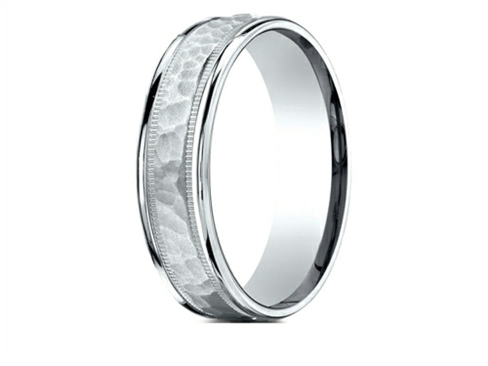 Benchmark 18 Karat Gold 6mm Comfort-fit Hammered Center High Polish Round Edge Carved Design Wedding Band Ring