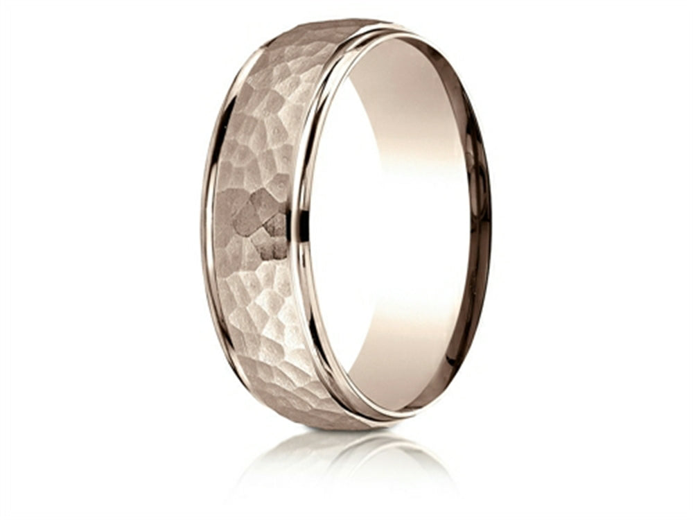 Benchmark 14k Rose Gold Comfort Fit 7mm High Polish Edge Hammered Center Design Wedding Band Ring