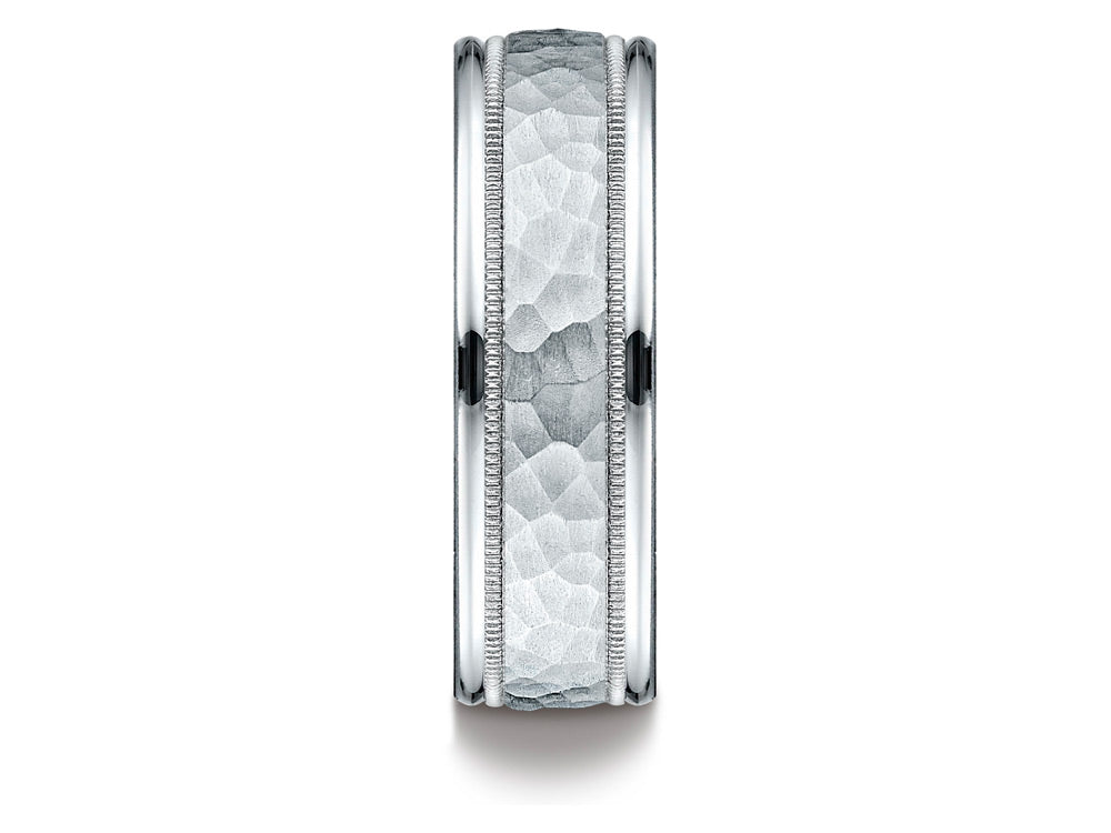 Benchmark 14k Gold 7mm Comfort-fit Hammered Center High Polish Round Edge Carved Design Wedding Band Ring