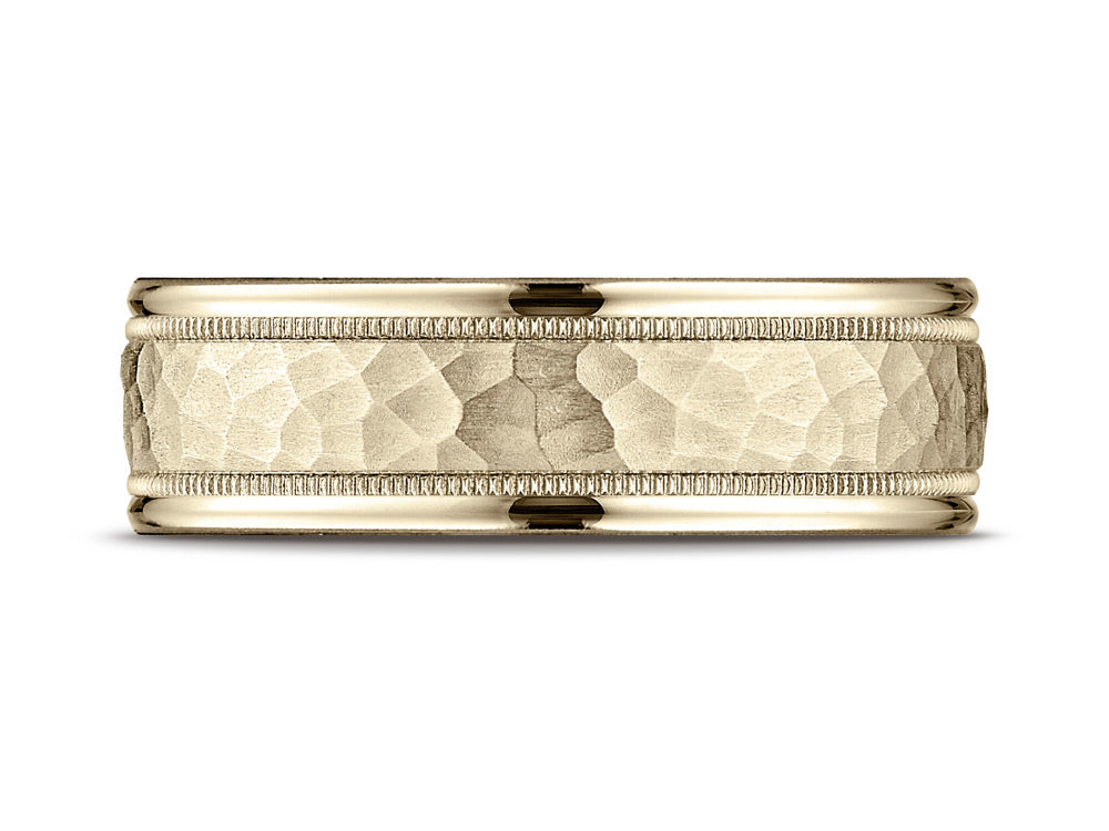 Benchmark 14k Gold 7mm Comfort-fit Hammered Center High Polish Round Edge Carved Design Wedding Band Ring