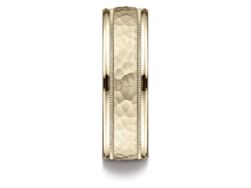 Benchmark 14k Gold 7mm Comfort-fit Hammered Center High Polish Round Edge Carved Design Wedding Band Ring