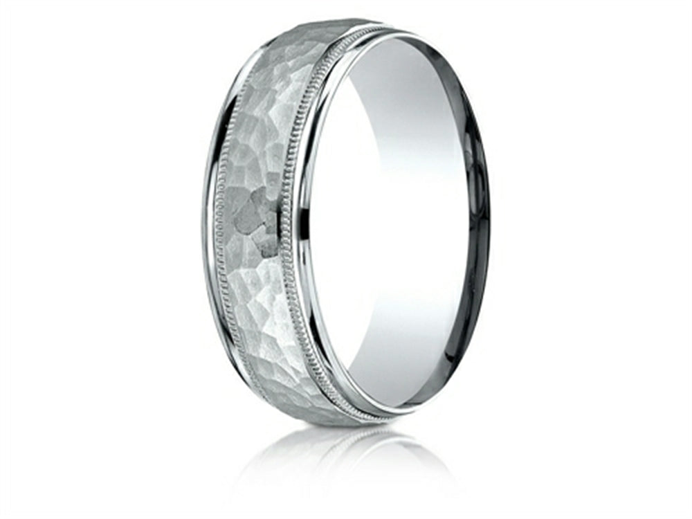 Benchmark 18k Gold 7mm Comfort-fit Hammered Center High Polish Round Edge Carved Design Wedding Band Ring