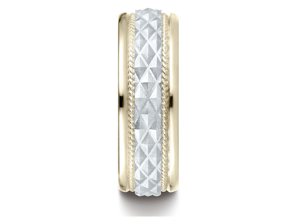 Benchmark 14 kt Two Tone Gold 8mm Comfort Fit Round Edge Cross Hatch Patterned Wedding Band Ring
