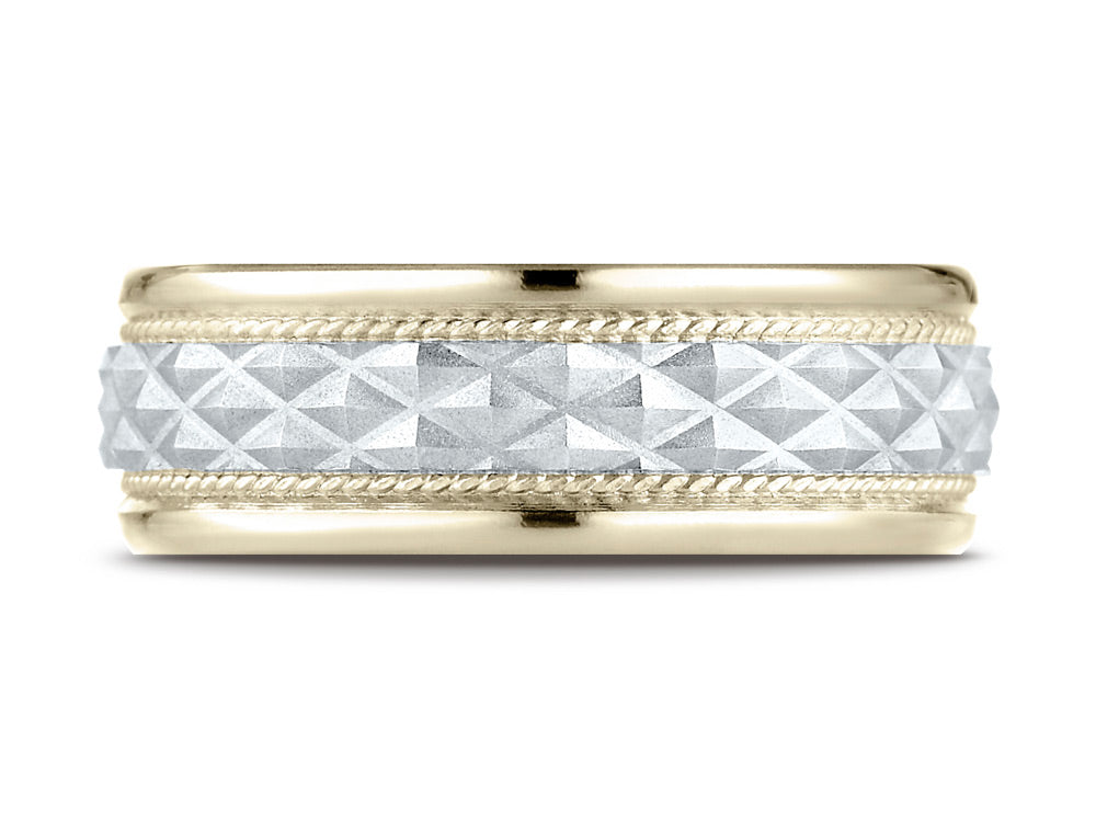 Benchmark 14 kt Two Tone Gold 8mm Comfort Fit Round Edge Cross Hatch Patterned Wedding Band Ring