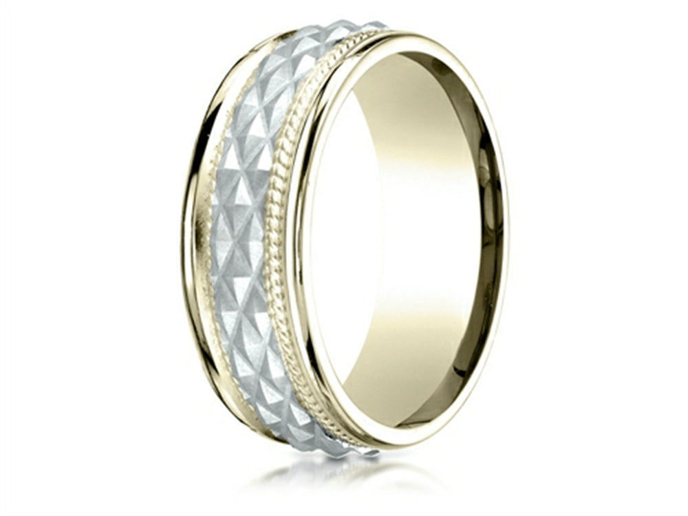 Benchmark 14 kt Two Tone Gold 8mm Comfort Fit Round Edge Cross Hatch Patterned Wedding Band Ring