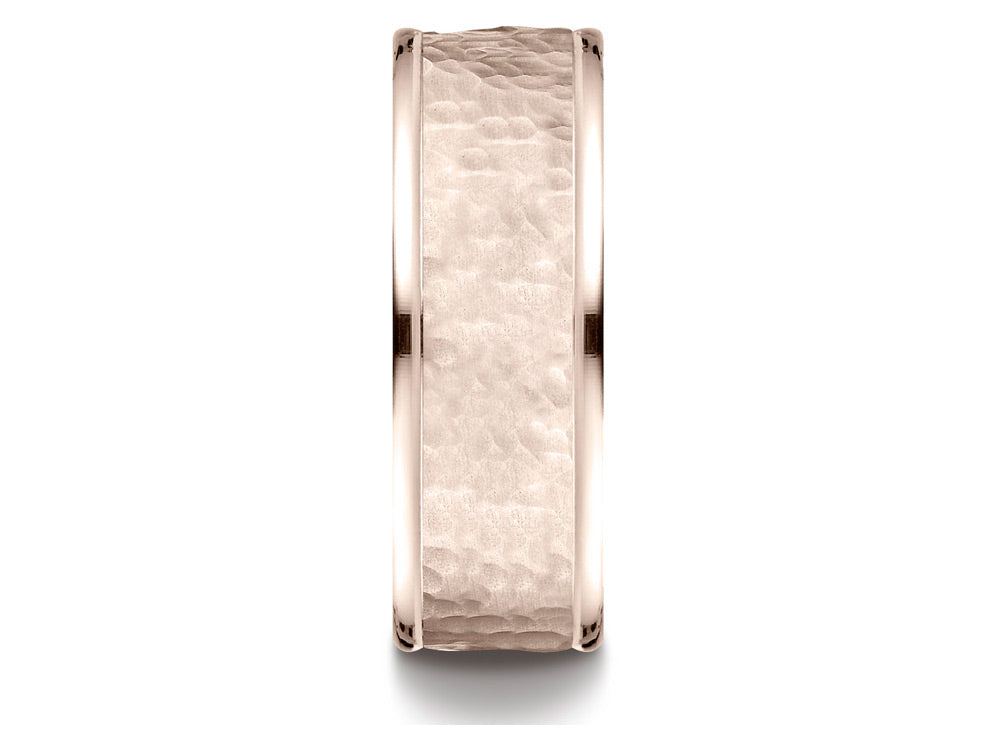 Benchmark 14k Rose Gold Comfort Fit 8mm High Polish Edge Hammered Center Design Wedding Band Ring