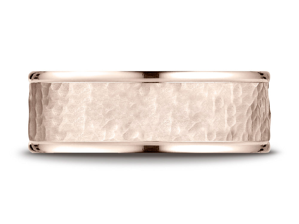 Benchmark 14k Rose Gold Comfort Fit 8mm High Polish Edge Hammered Center Design Wedding Band Ring