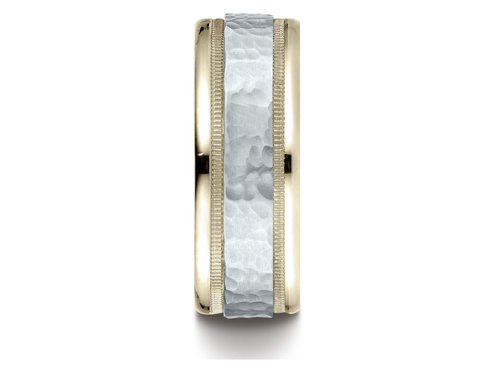 Benchmark 14 kt Two Tone Goldd 8mm Comfort-fit Hammered-finished With Milgrain Carved Design Wedding Band Ring