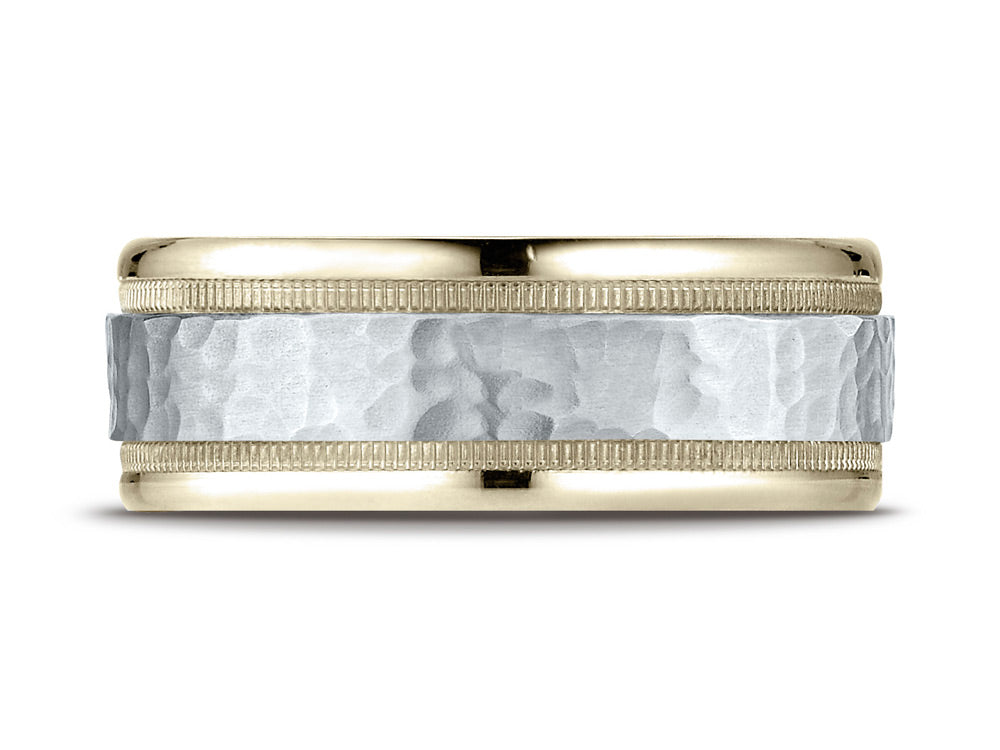 Benchmark 14 kt Two Tone Goldd 8mm Comfort-fit Hammered-finished With Milgrain Carved Design Wedding Band Ring