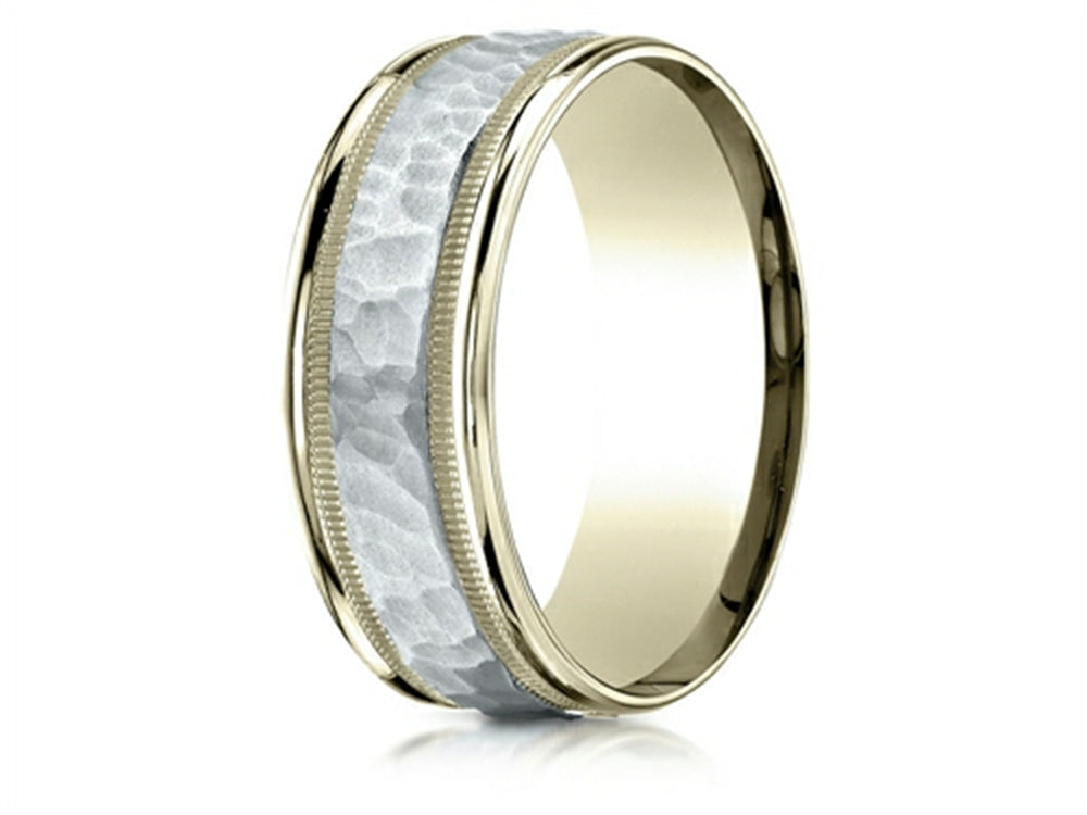 Benchmark 14 kt Two Tone Goldd 8mm Comfort-fit Hammered-finished With Milgrain Carved Design Wedding Band Ring