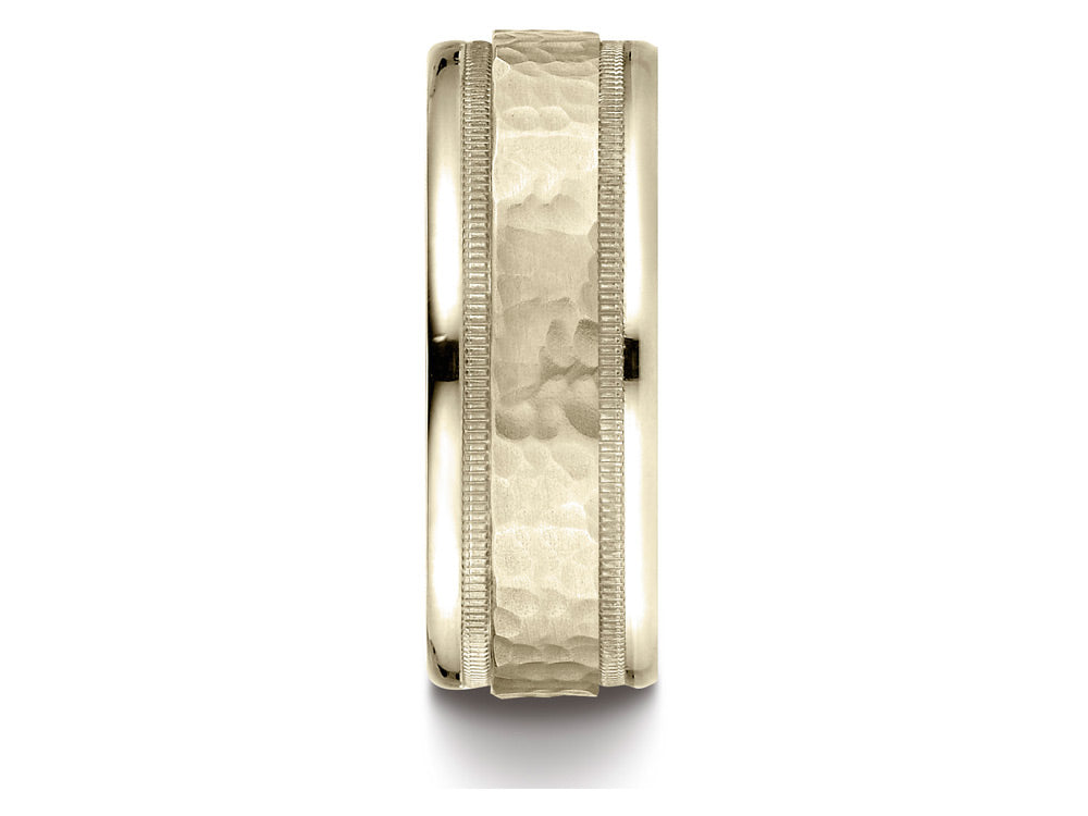 Benchmark 14k Gold 8mm Comfort-fit Hammered Center High Polish Round Edge Carved Design Wedding Band Ring