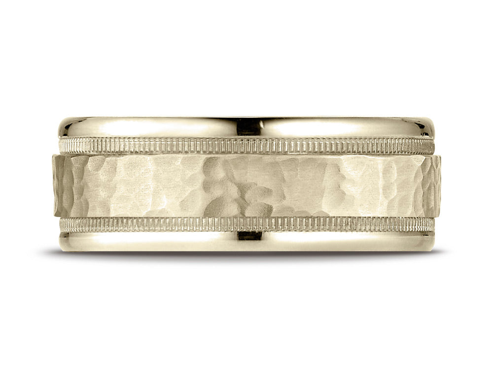 Benchmark 10k Gold 8mm Comfort-fit Hammered Center High Polish Round Edge Carved Design Wedding Band Ring