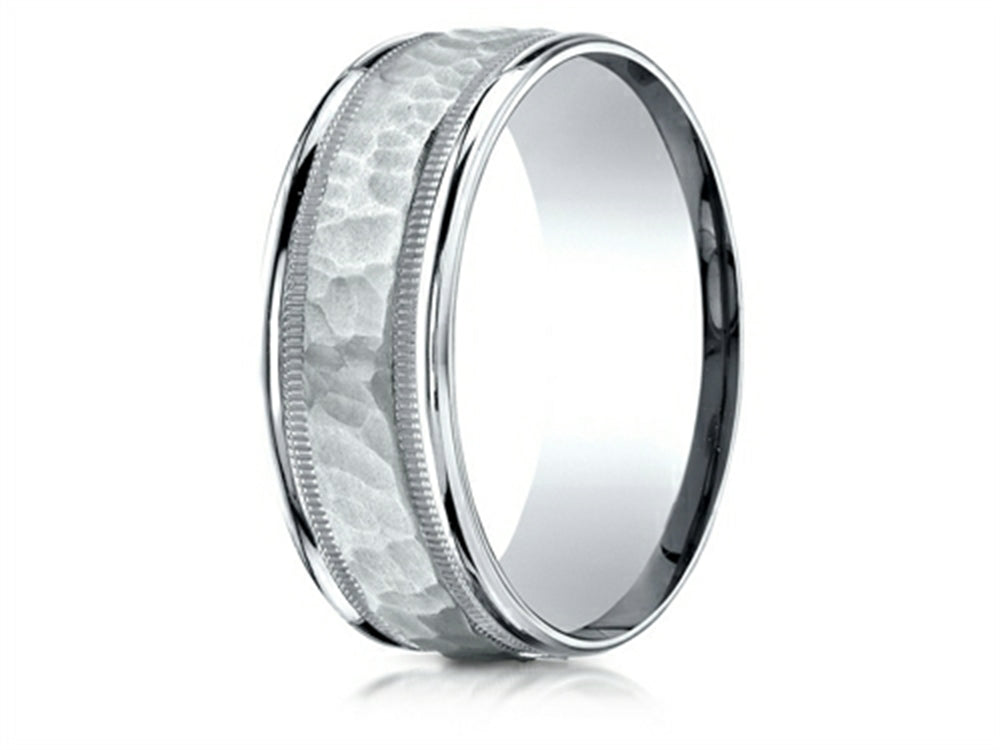 Benchmark 18 Karat Gold 8mm Comfort-fit Hammered Center High Polish Round Edge Carved Design Wedding Band Ring