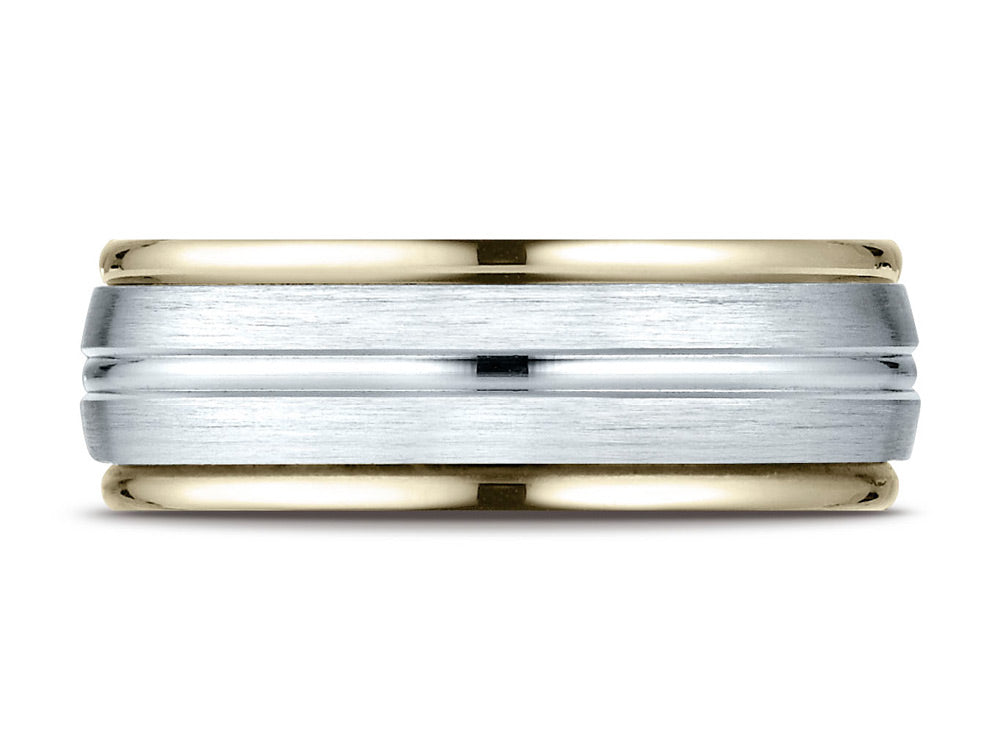 Benchmark 14 kt Two Tone Goldd 8mm Comfort-fit High Polished Center Cut Carved Design Wedding Band Ring