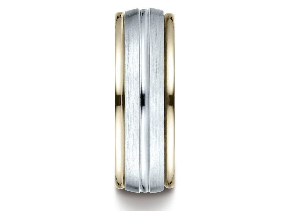 Benchmark 14 kt Two Tone Goldd 8mm Comfort-fit High Polished Center Cut Carved Design Wedding Band Ring