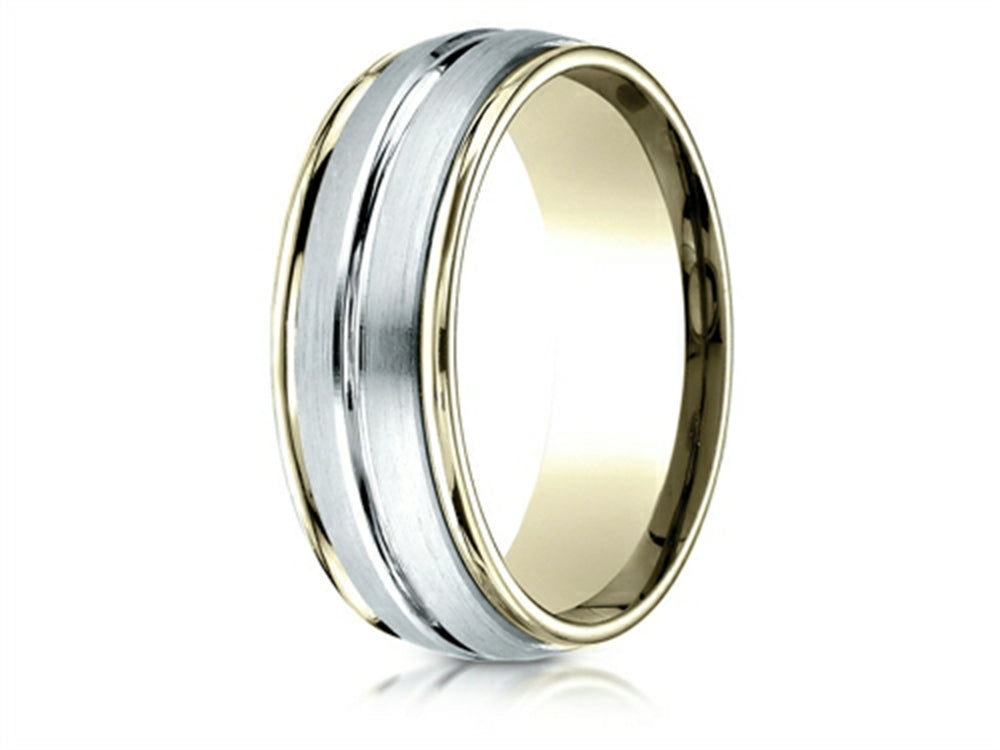 Benchmark 14 kt Two Tone Goldd 8mm Comfort-fit High Polished Center Cut Carved Design Wedding Band Ring