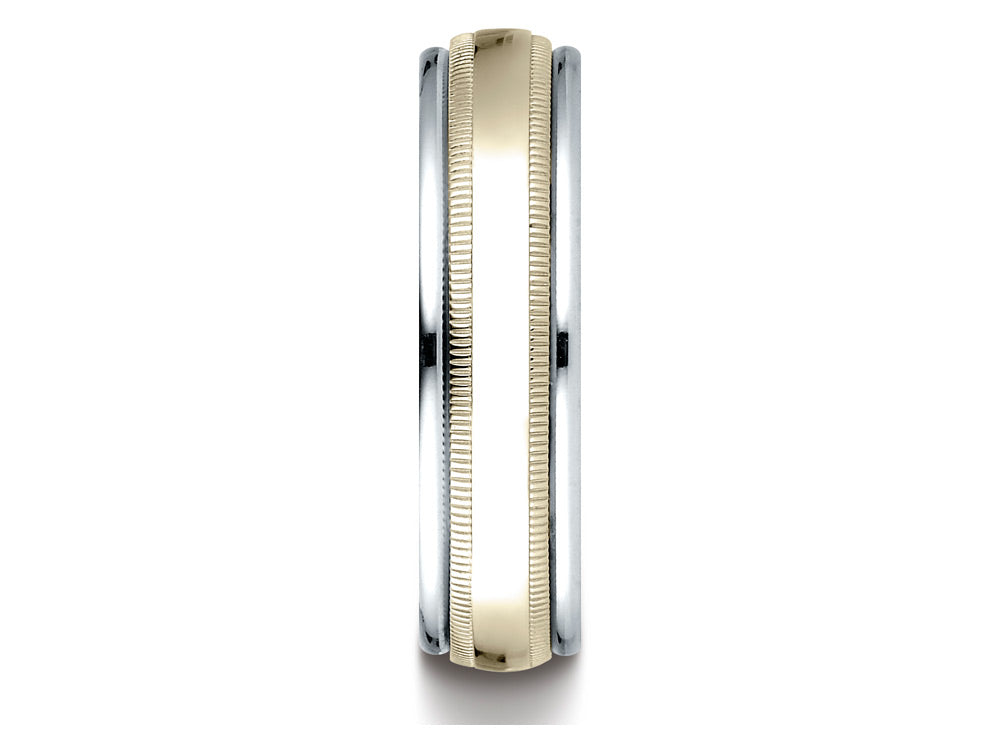 Benchmark 14 kt Two Tone Goldd 6mm Comfort-fit High Polished Carved Design Wedding Band Ring With Milgrain