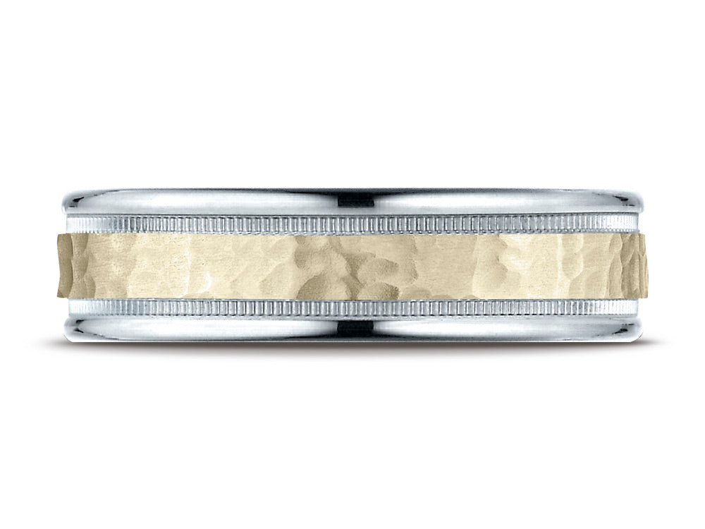 Benchmark 14 kt Two Tone Goldd 6mm Comfort-fit Hammered-finished With Milgrain Carved Design Wedding Band Ring