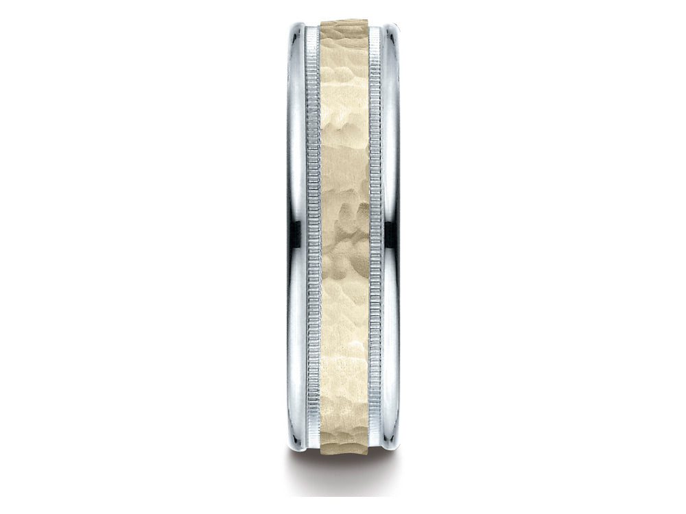 Benchmark 14 kt Two Tone Goldd 6mm Comfort-fit Hammered-finished With Milgrain Carved Design Wedding Band Ring