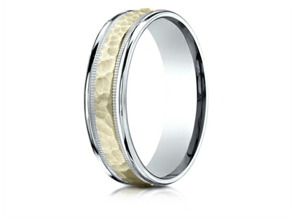 Benchmark 14 kt Two Tone Goldd 6mm Comfort-fit Hammered-finished With Milgrain Carved Design Wedding Band Ring