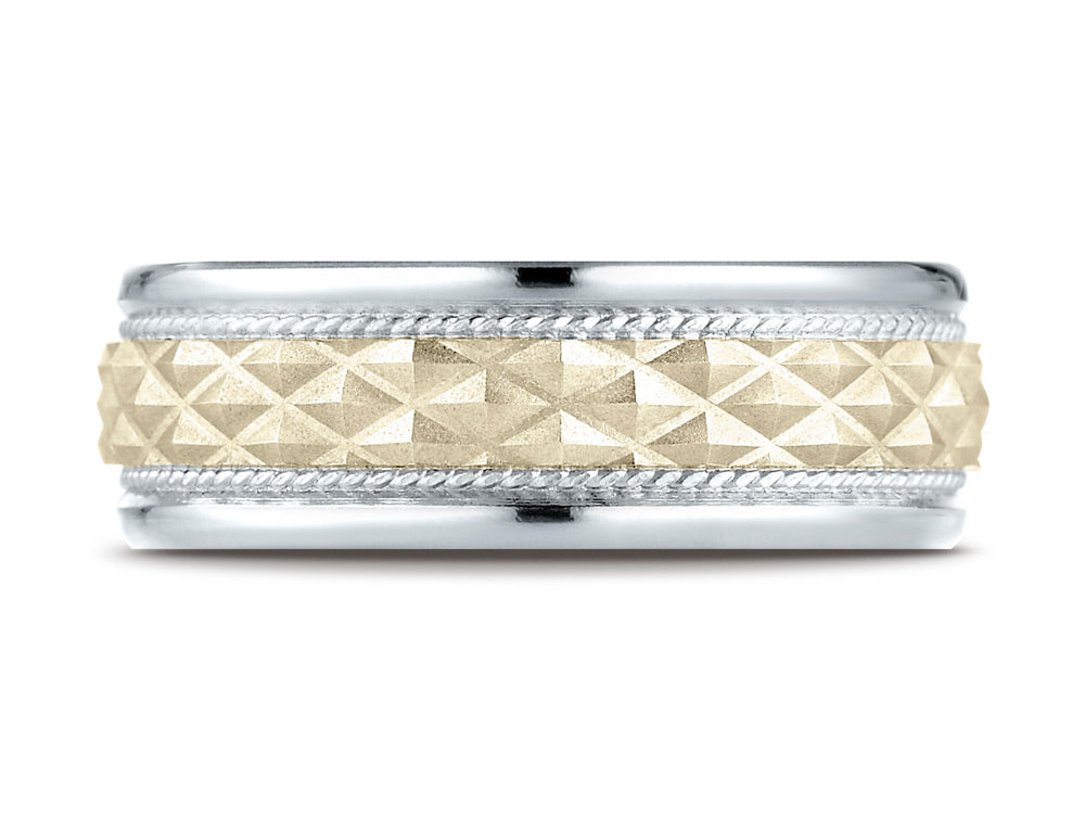 Benchmark 14 kt Two Tone Gold 8mm Comfort Fit Round Edge Cross Hatch Patterned Wedding Band Ring