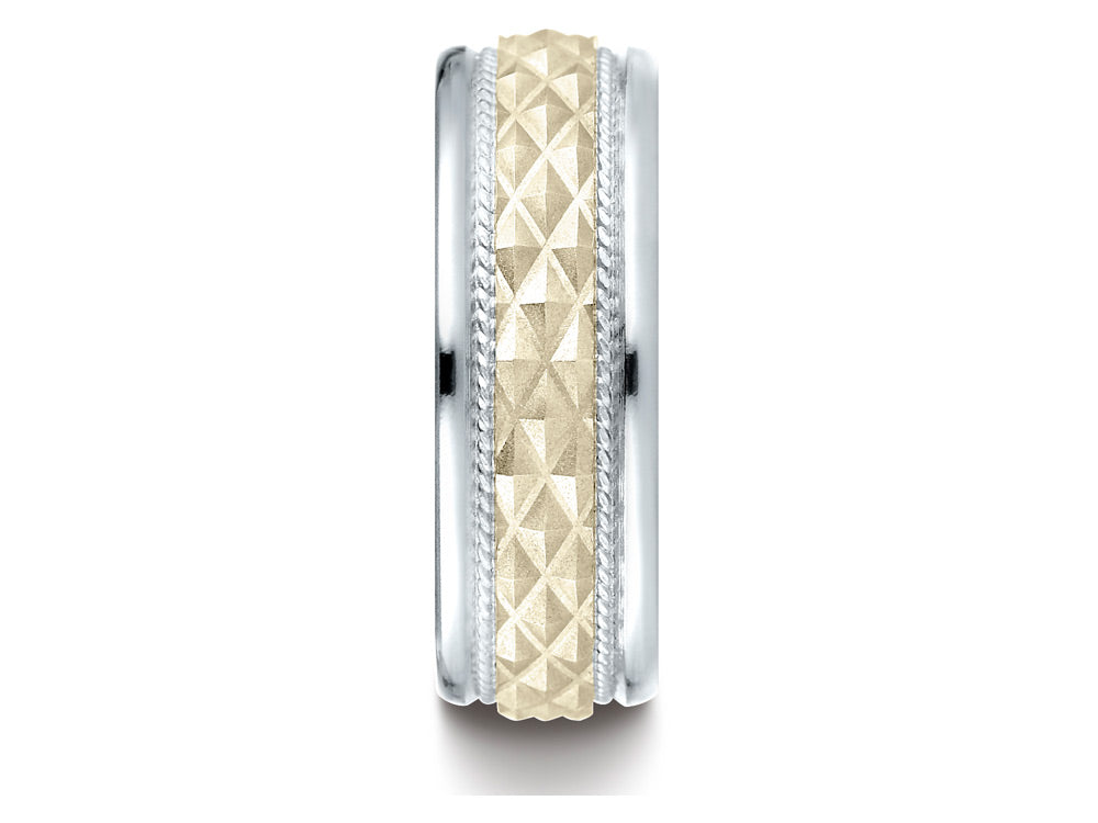 Benchmark 14 kt Two Tone Gold 8mm Comfort Fit Round Edge Cross Hatch Patterned Wedding Band Ring