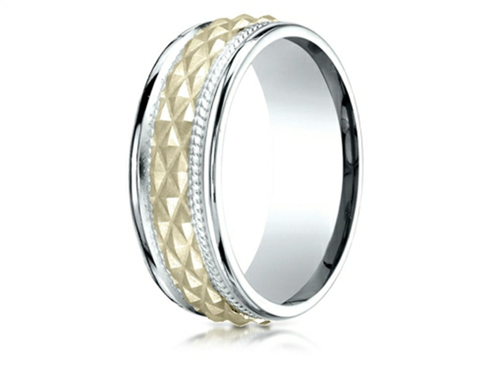 Benchmark 14 kt Two Tone Gold 8mm Comfort Fit Round Edge Cross Hatch Patterned Wedding Band Ring