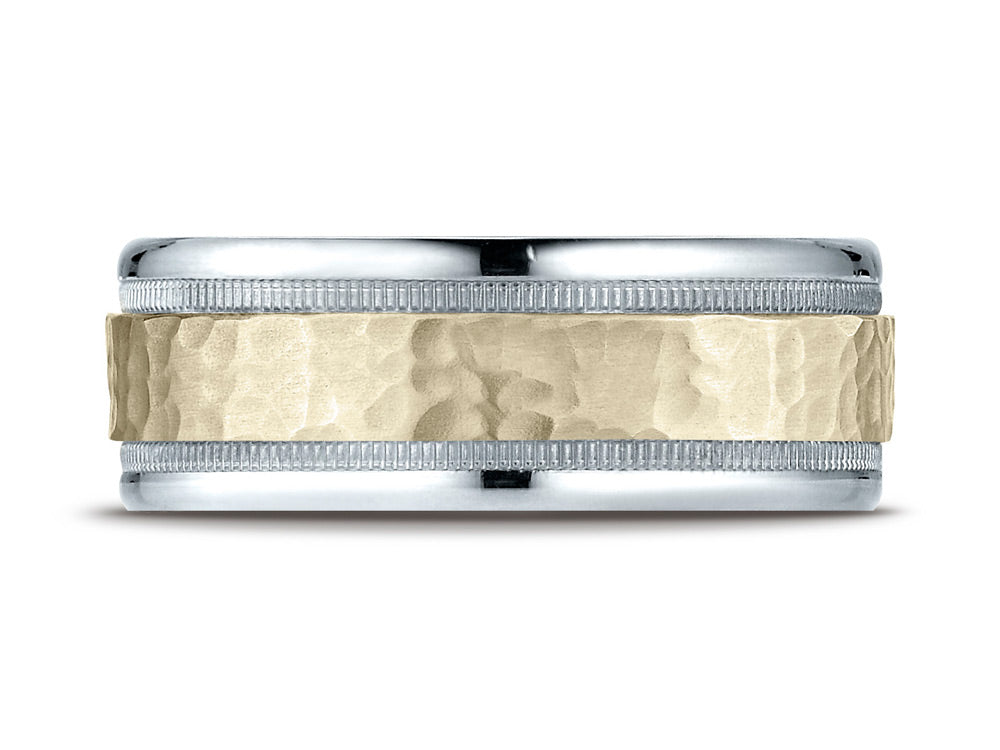 Benchmark 14 kt Two Tone Goldd 8mm Comfort-fit Hammered-finished With Milgrain Carved Design Wedding Band Ring