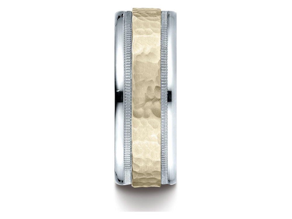 Benchmark 14 kt Two Tone Goldd 8mm Comfort-fit Hammered-finished With Milgrain Carved Design Wedding Band Ring
