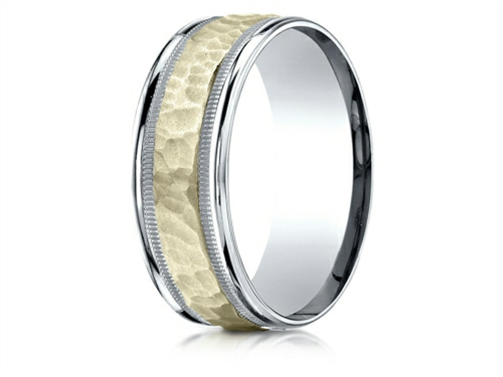Benchmark 14 kt Two Tone Goldd 8mm Comfort-fit Hammered-finished With Milgrain Carved Design Wedding Band Ring