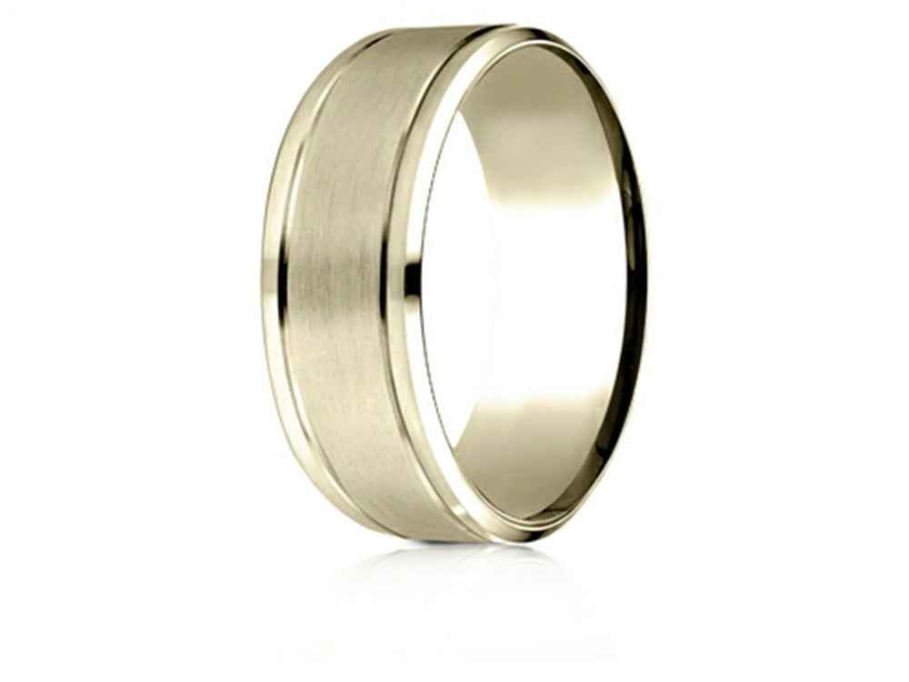 Benchmark 14 Karat Yellow Gold 8mm Comfort-fit Drop Bevel Satin Finish Design Wedding Band Ring