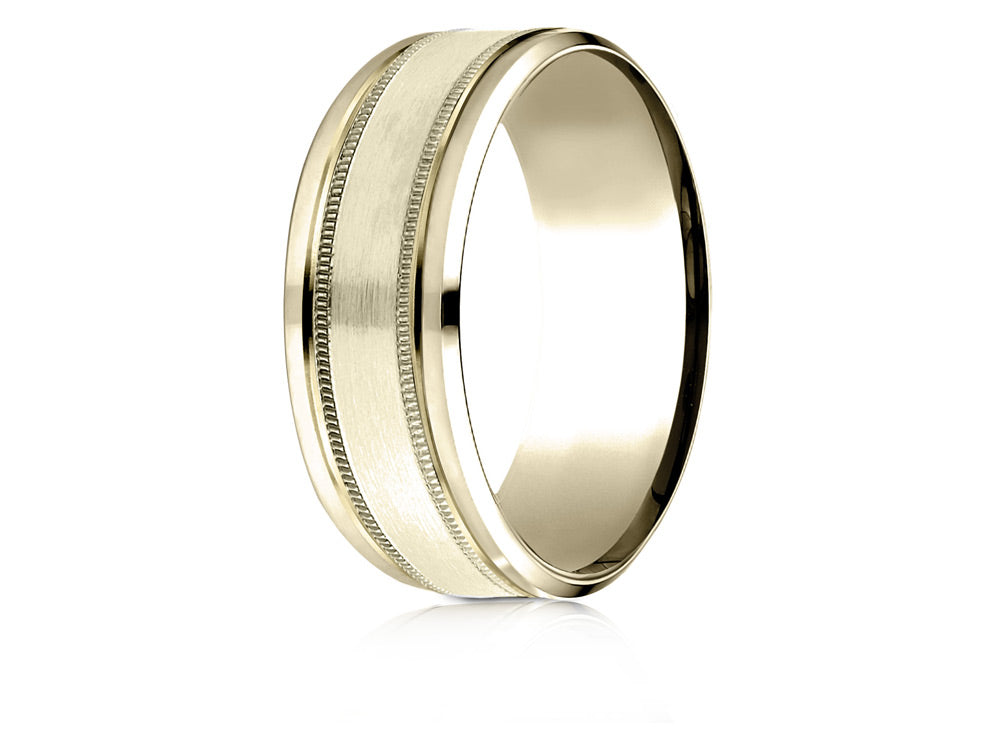 Benchmark 14 Karat Gold 8mm Comfort-fit Drop Bevel Satin Finish Milgrain Design Wedding Band Ring