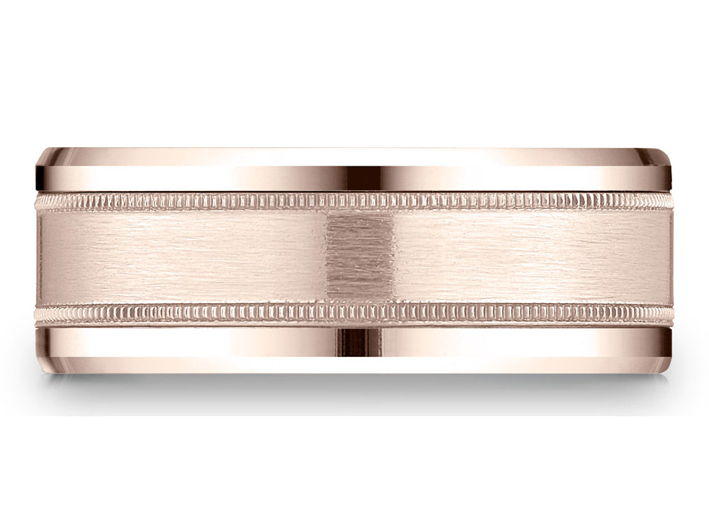 Benchmark 14 Karat Rose Gold 8mm Comfort-fit Drop Bevel Satin Finish Milgrain Design Wedding Band Ring