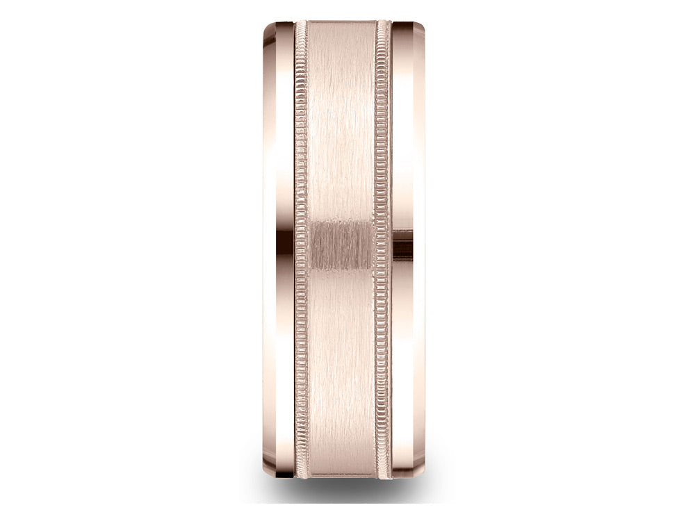 Benchmark 14 Karat Rose Gold 8mm Comfort-fit Drop Bevel Satin Finish Milgrain Design Wedding Band Ring