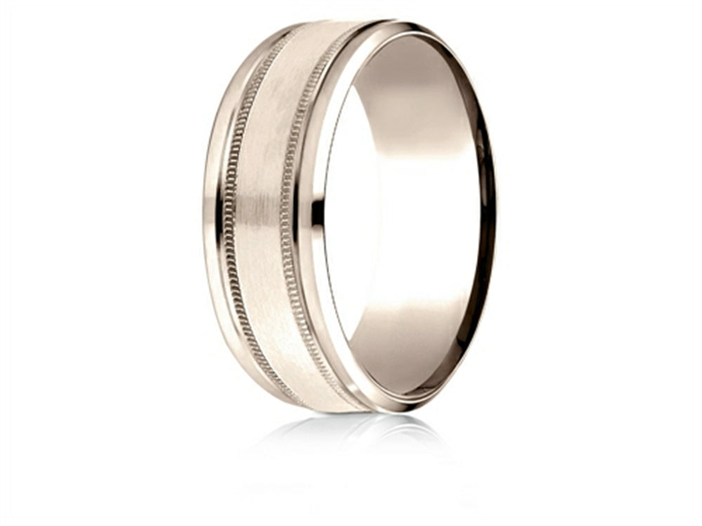 Benchmark 14 Karat Rose Gold 8mm Comfort-fit Drop Bevel Satin Finish Milgrain Design Wedding Band Ring