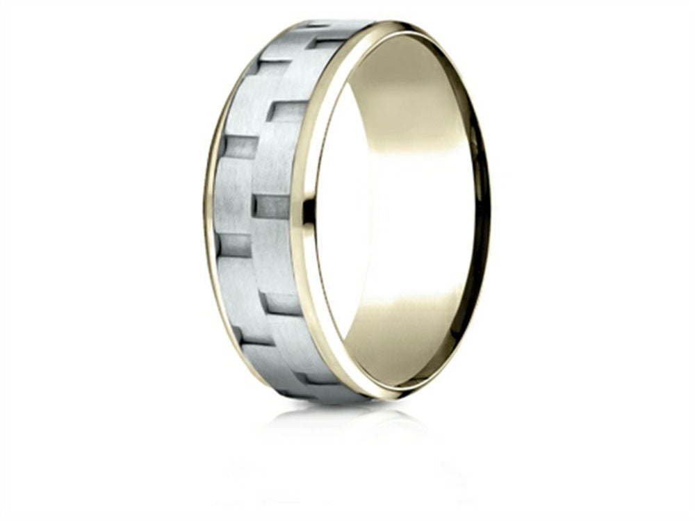 Benchmark® 14 kt Two Tone Goldd 8mm Comfort-fit Bevel Satin Finish Chain Link Design Wedding Band Ring