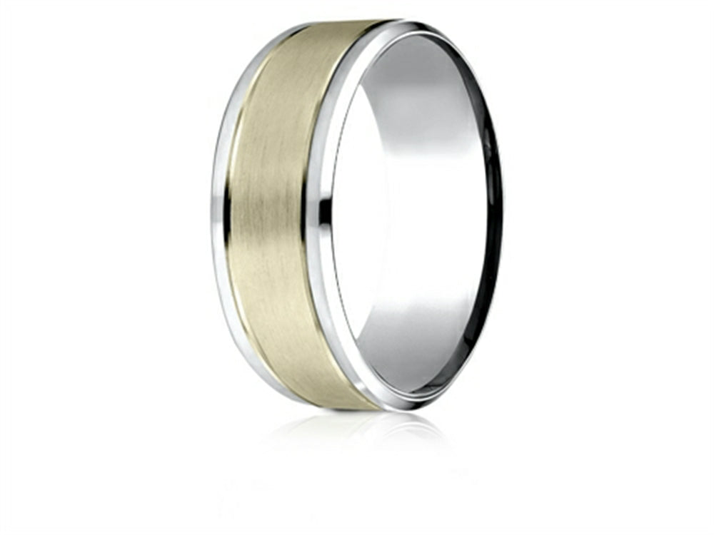 Benchmark 14 kt Two Tone Goldd 8mm Comfort-fit Drop Bevel Satin Finish Design Wedding Band Ring