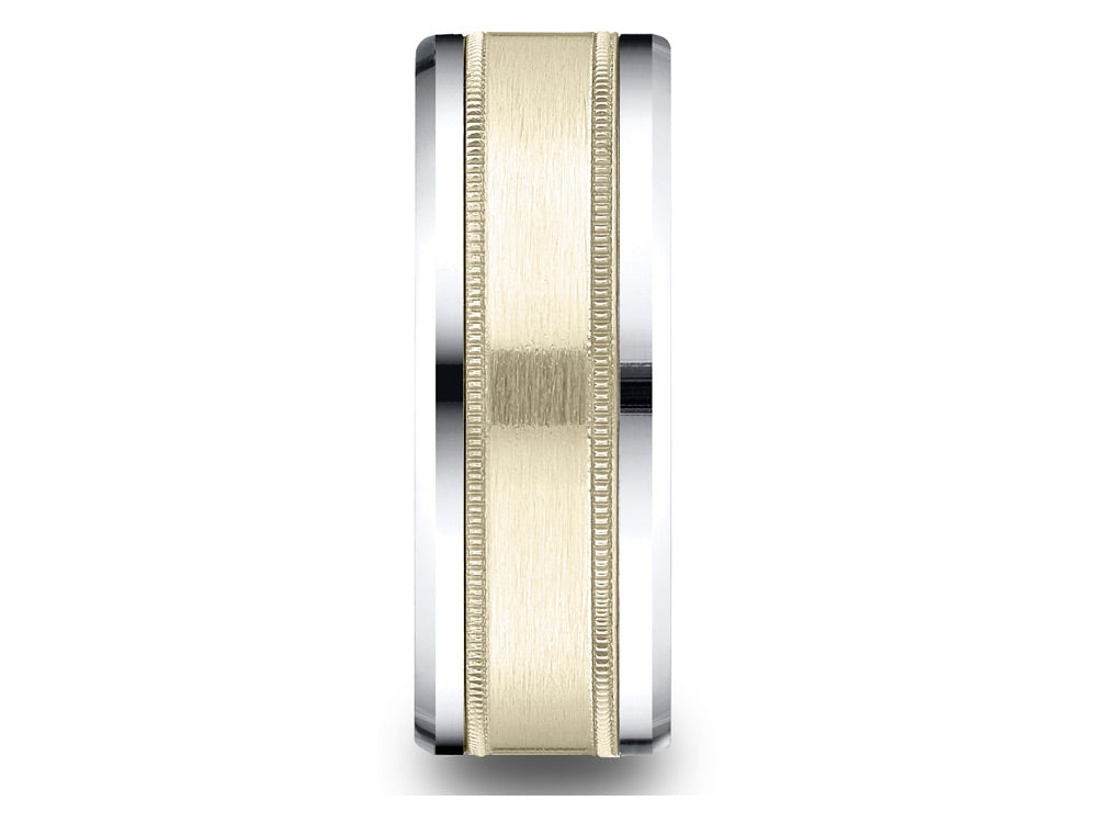 Benchmark 14 kt Two Tone Goldd 8mm Comfort-fit Drop Bevel Satin Finish Milgrain Design Wedding Band Ring