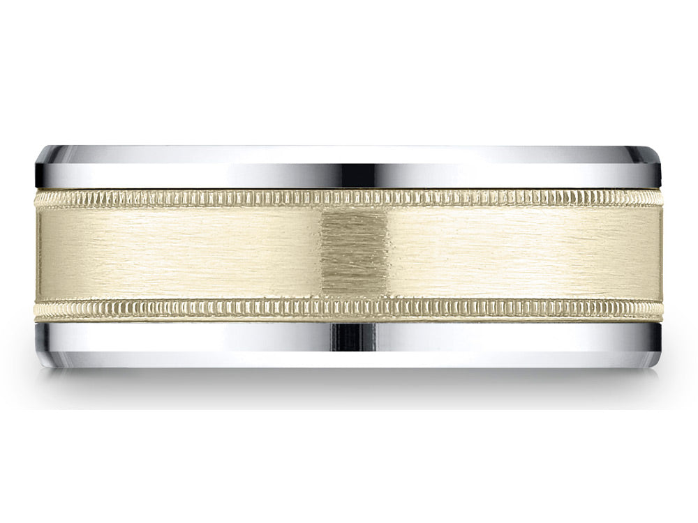 Benchmark 14 kt Two Tone Goldd 8mm Comfort-fit Drop Bevel Satin Finish Milgrain Design Wedding Band Ring