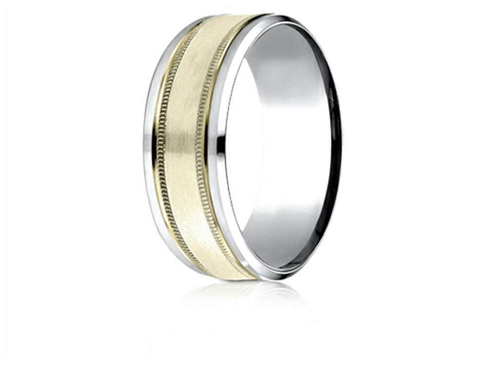 Benchmark 14 kt Two Tone Goldd 8mm Comfort-fit Drop Bevel Satin Finish Milgrain Design Wedding Band Ring