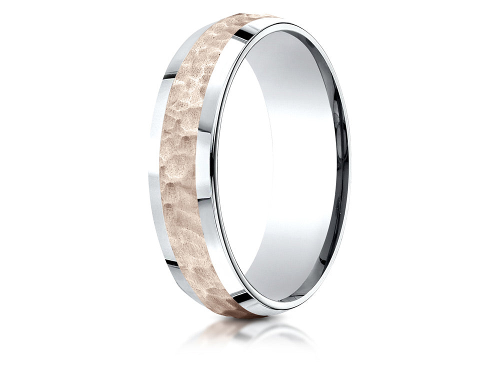Benchmark 14 kt Two Tone Goldd 6mm Comfort-fit Hammer Finish Beveled Edge Design Wedding Band Ring