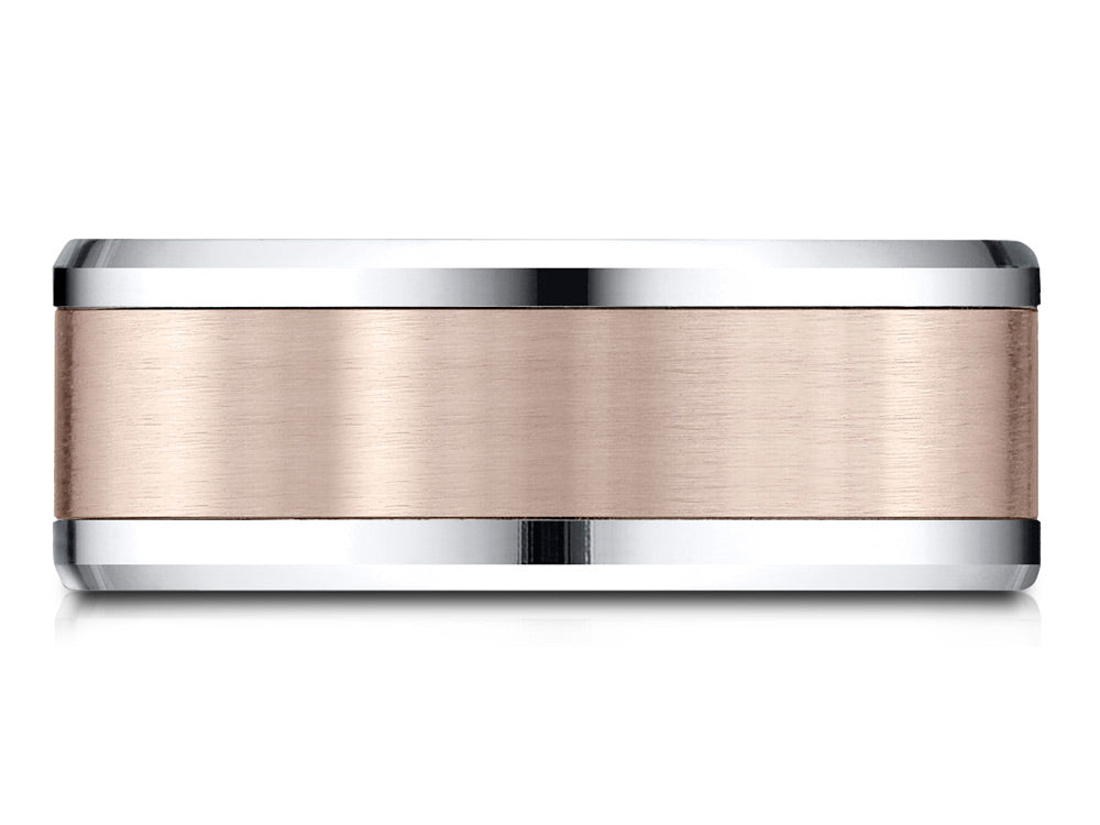 Benchmark 14 kt Two Tone Gold (Rose and White) 8mm Comfort-fit Drop Bevel Satin Finish Design Wedding Band Ring