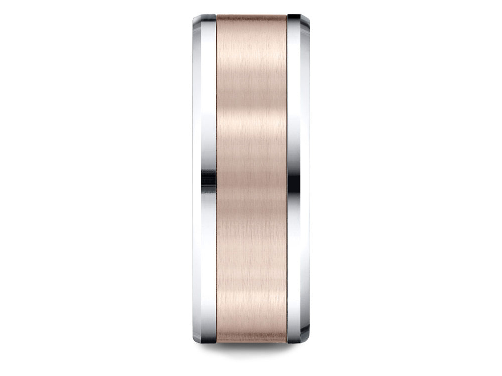 Benchmark 14 kt Two Tone Gold (Rose and White) 8mm Comfort-fit Drop Bevel Satin Finish Design Wedding Band Ring