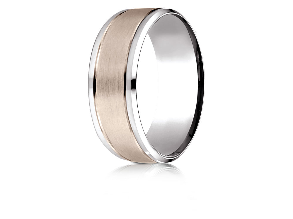 Benchmark 14 kt Two Tone Gold (Rose and White) 8mm Comfort-fit Drop Bevel Satin Finish Design Wedding Band Ring