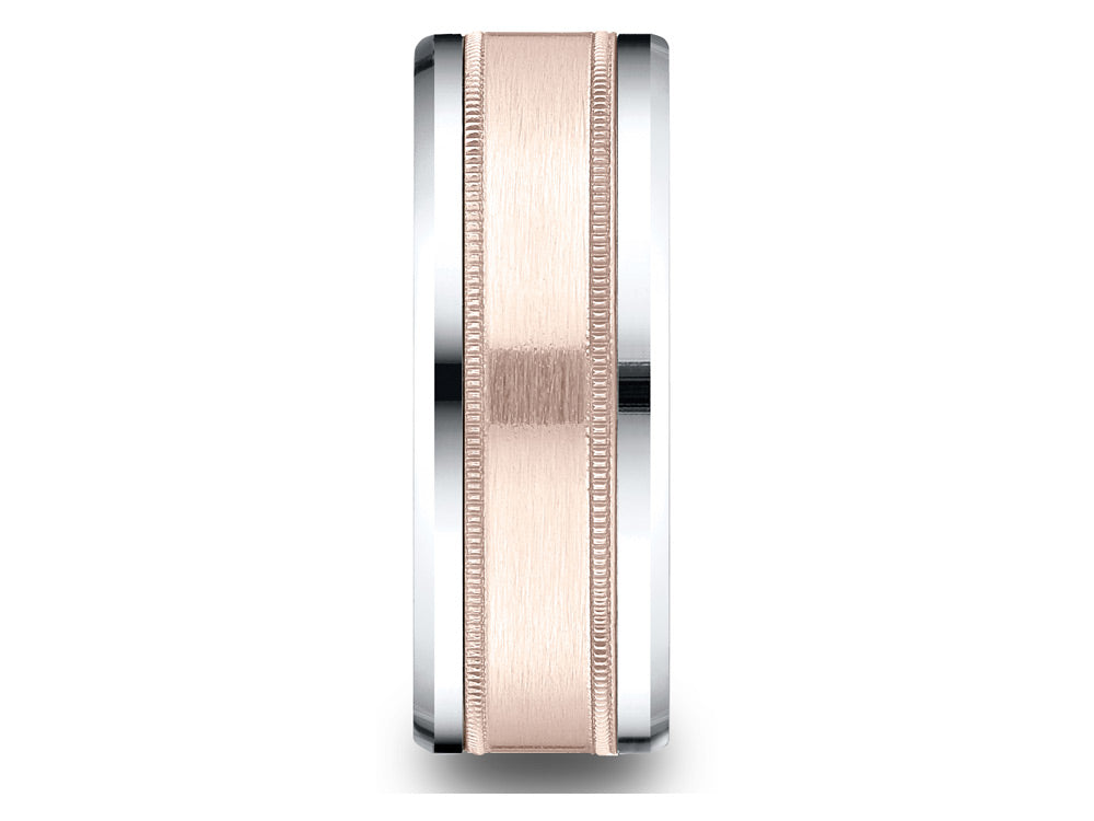 Benchmark 14 kt Two Tone Goldd 8mm Comfort-fit Drop Bevel Satin Finish Milgrain Design Wedding Band Ring