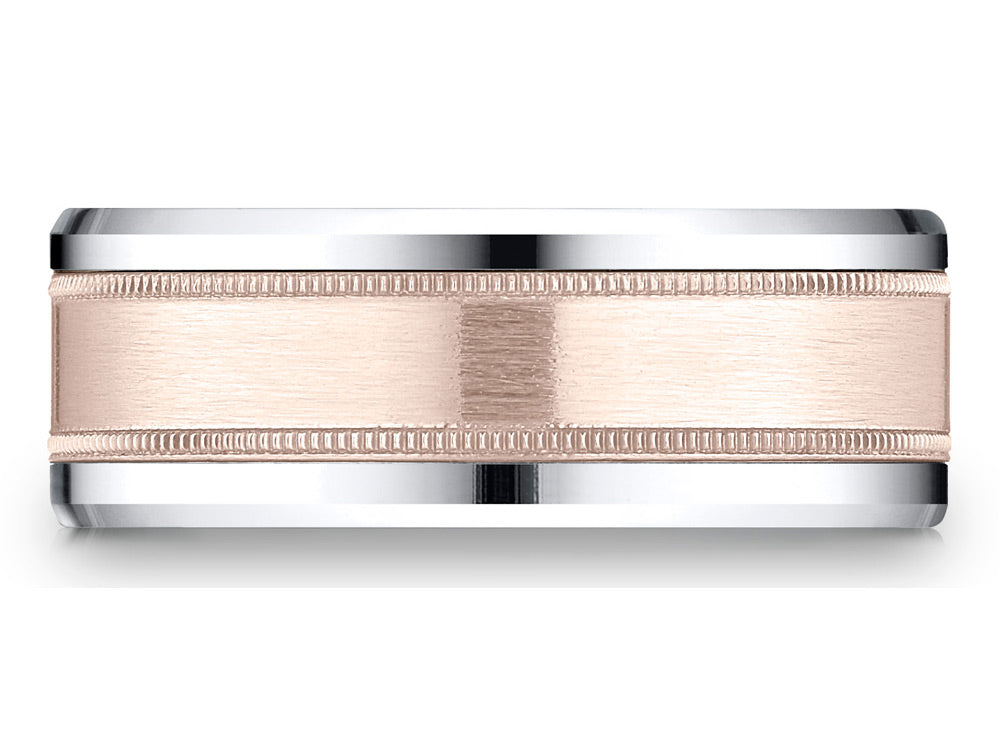 Benchmark 14 kt Two Tone Goldd 8mm Comfort-fit Drop Bevel Satin Finish Milgrain Design Wedding Band Ring